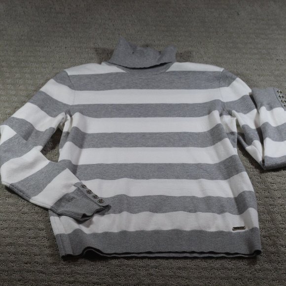 Tommy Hilfiger Size M Grey & White Striped Turtle Neck Sweater - Picture 1 of 5